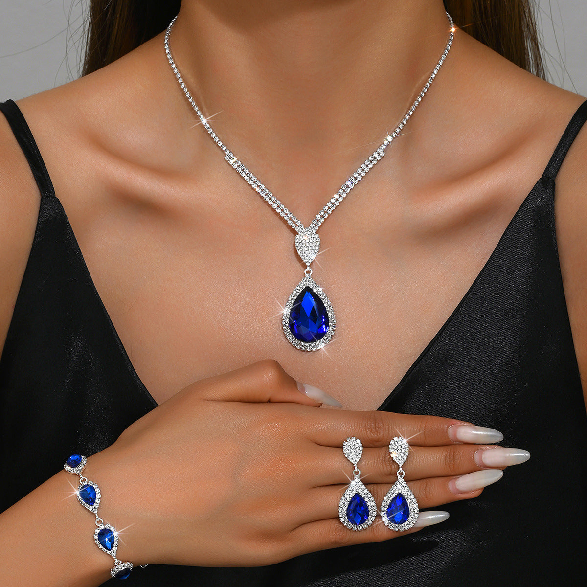 Sapphire & Ruby Water Drop Pendant Jewellery Set