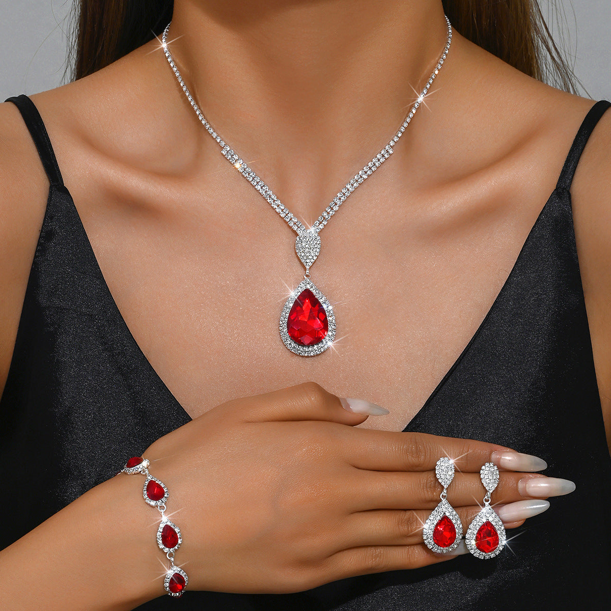 Sapphire & Ruby Water Drop Pendant Jewellery Set