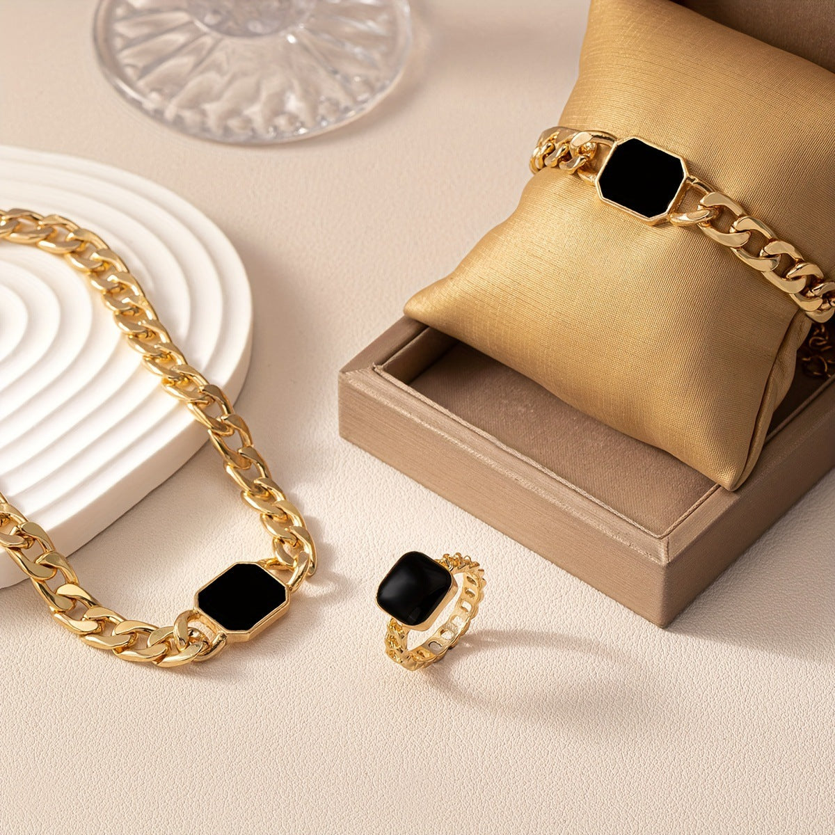 Square Chain Jewellery Set — Necklace, Bracelet & Ring