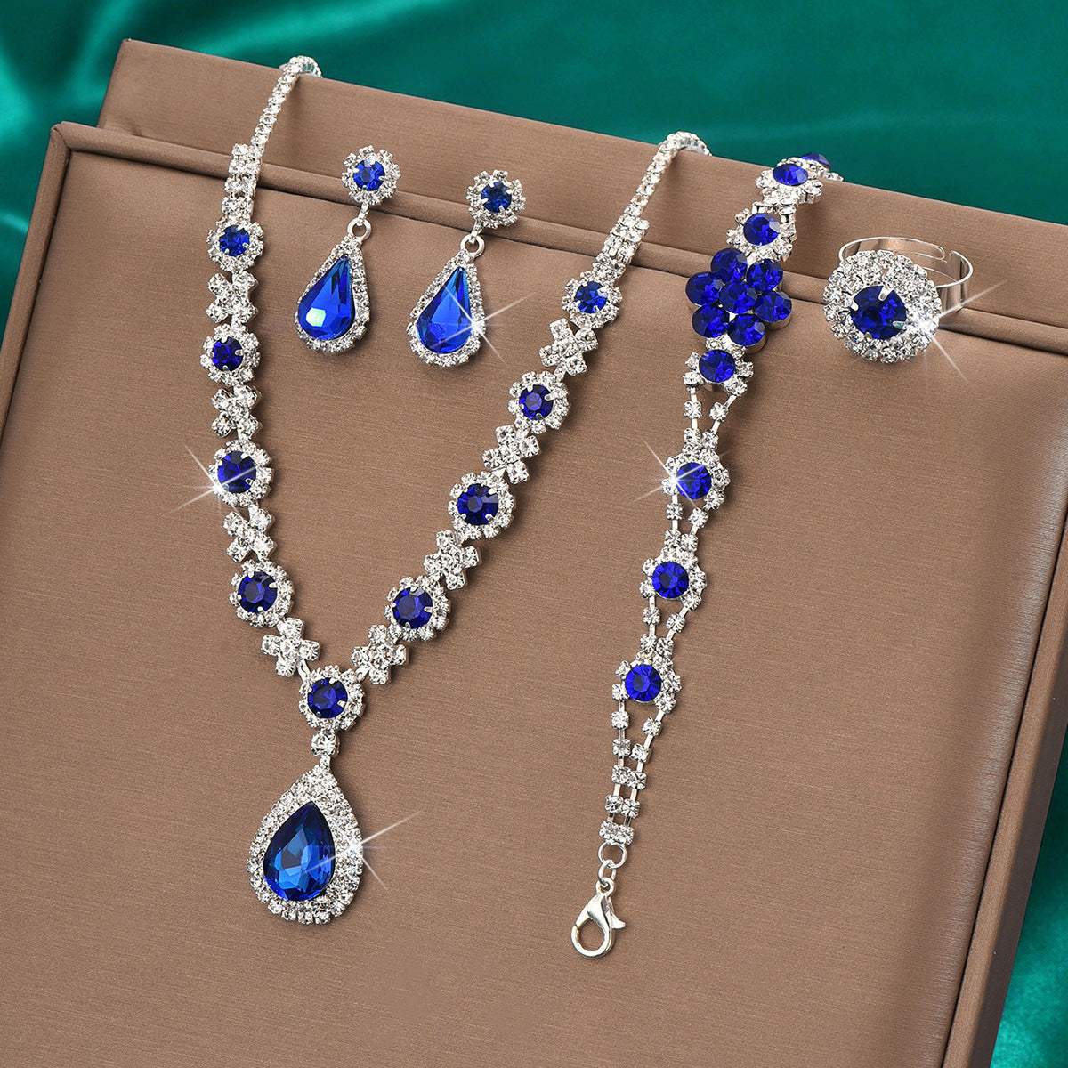 Crystal Gem Water Drop Jewellery Set — Necklace, Earrings, Bracelet & Ring