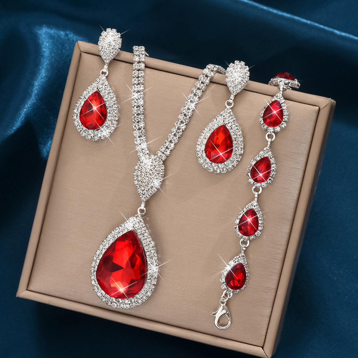 Sapphire & Ruby Water Drop Pendant Jewellery Set