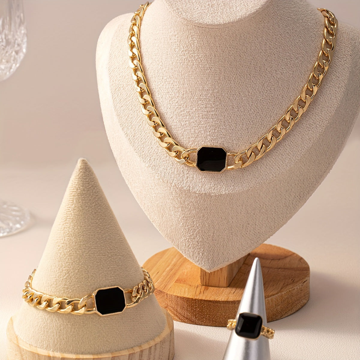 Square Chain Jewellery Set — Necklace, Bracelet & Ring