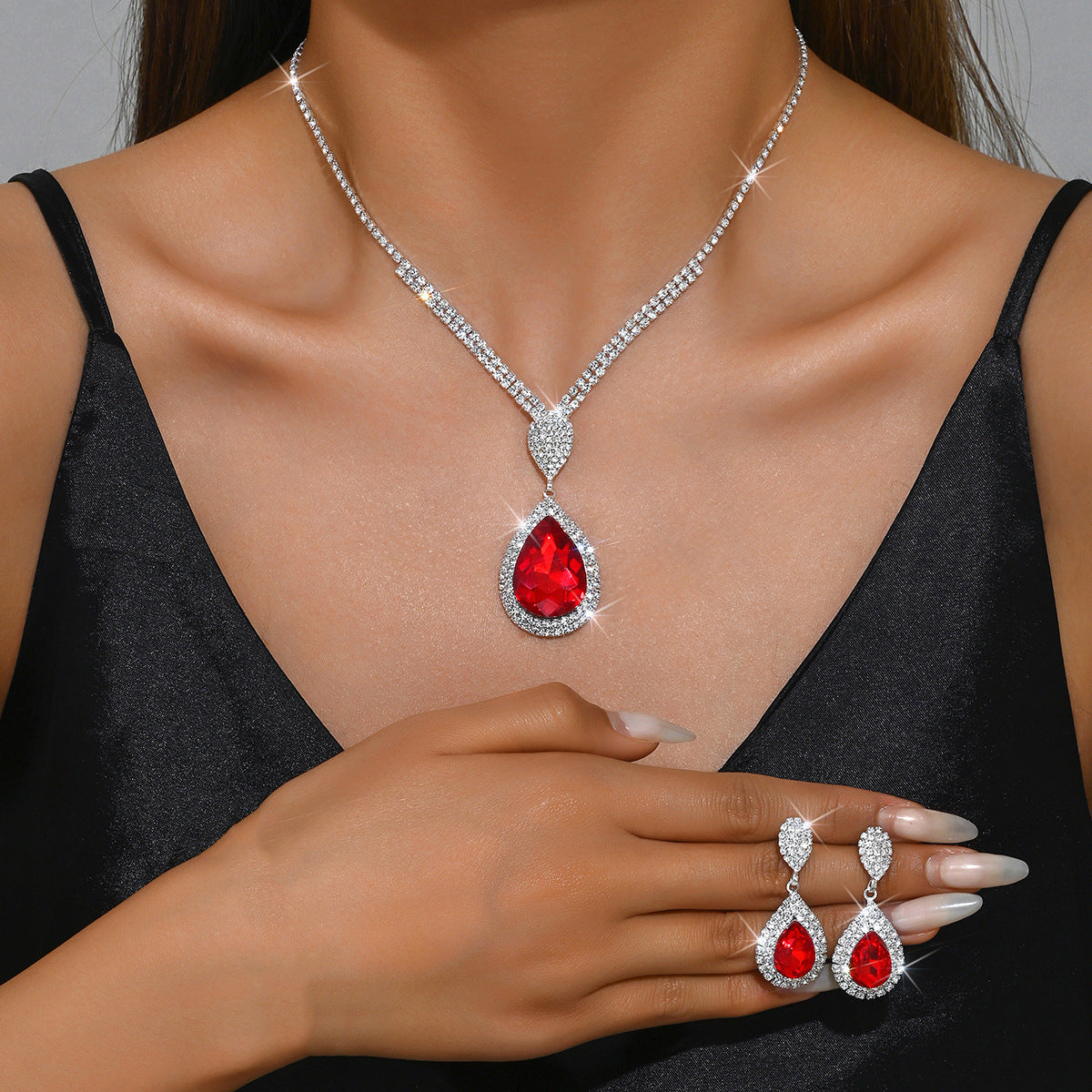 Sapphire & Ruby Water Drop Pendant Jewellery Set