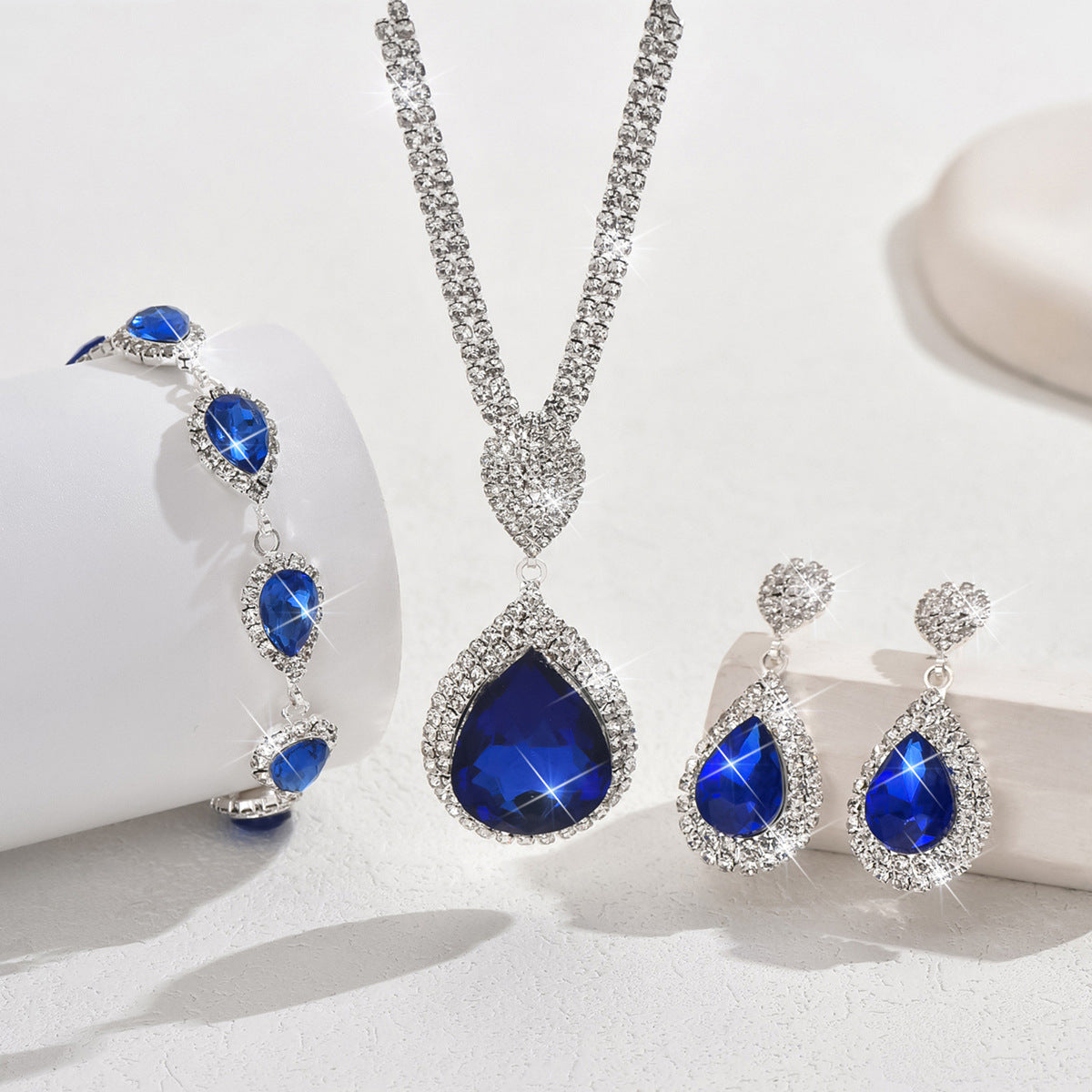 Sapphire & Ruby Water Drop Pendant Jewellery Set