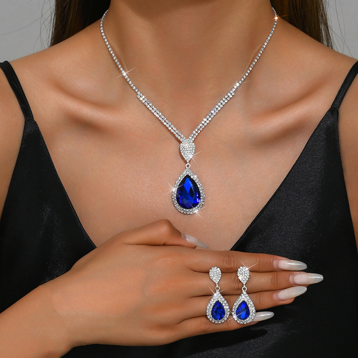 Sapphire & Ruby Water Drop Pendant Jewellery Set