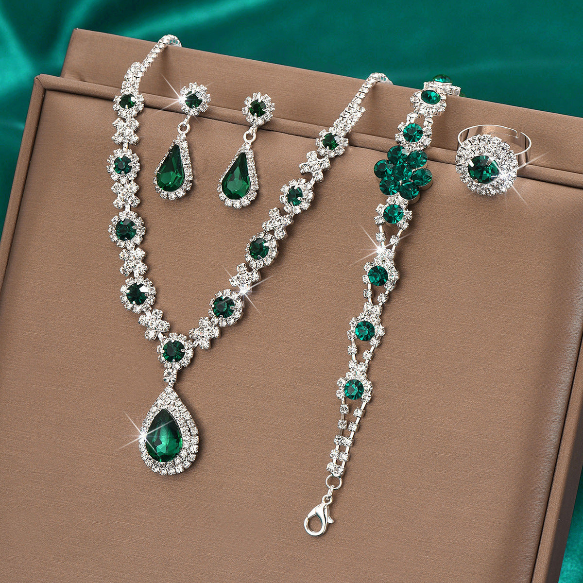 Crystal Gem Water Drop Jewellery Set — Necklace, Earrings, Bracelet & Ring
