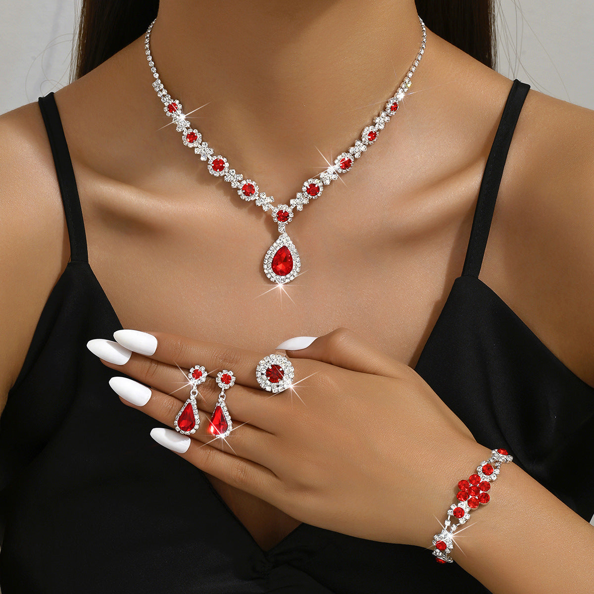 Crystal Gem Water Drop Jewellery Set — Necklace, Earrings, Bracelet & Ring