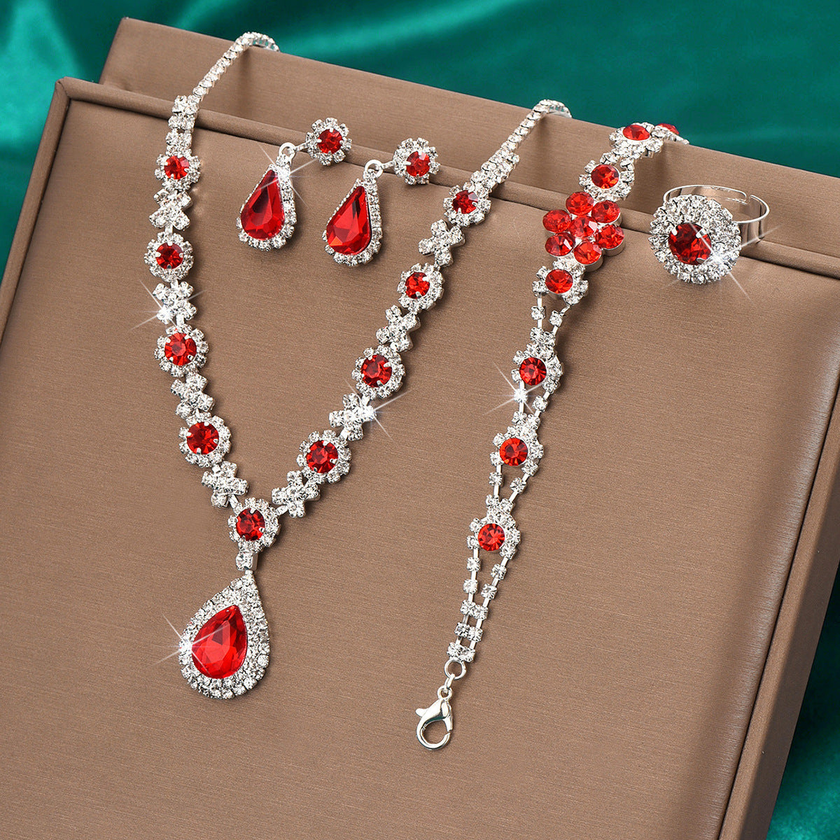 Crystal Gem Water Drop Jewellery Set — Necklace, Earrings, Bracelet & Ring