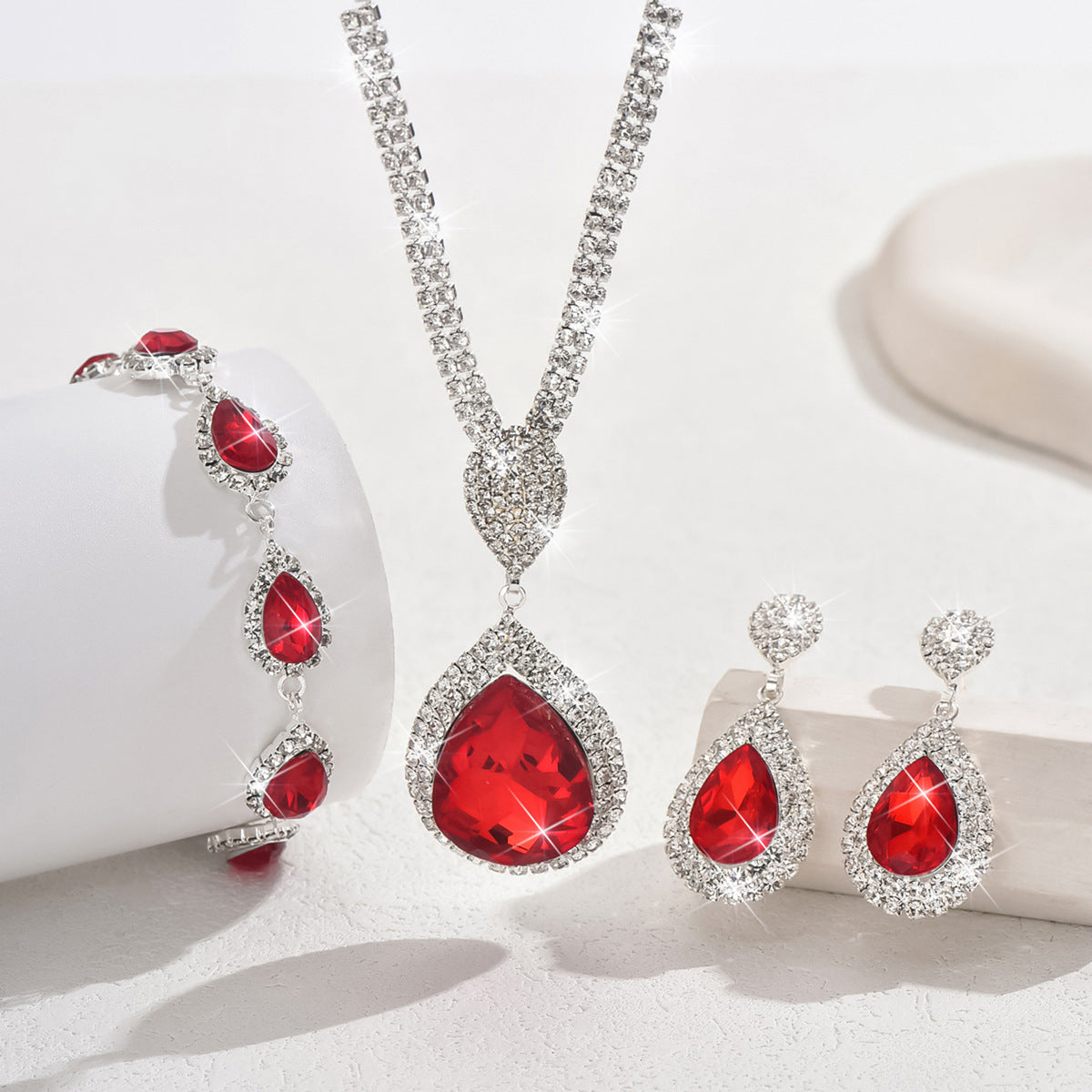Sapphire & Ruby Water Drop Pendant Jewellery Set