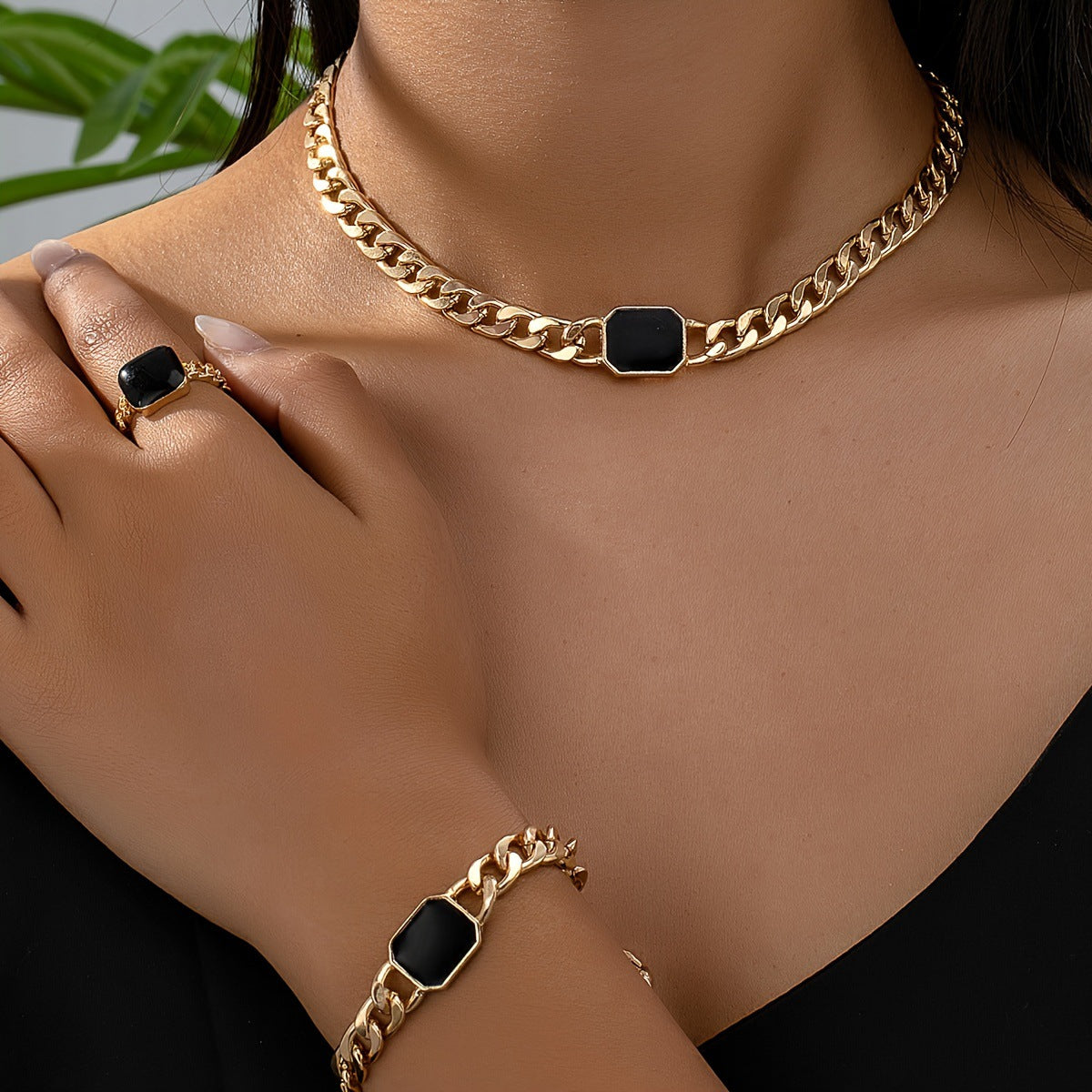 Square Chain Jewellery Set — Necklace, Bracelet & Ring
